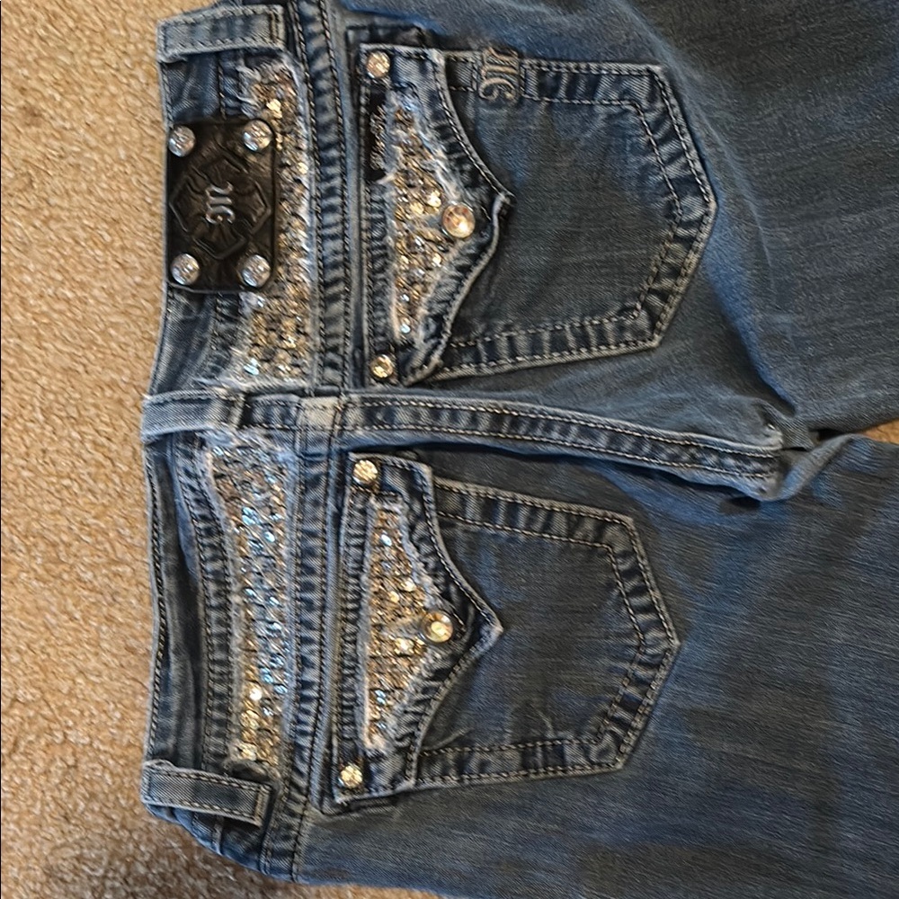 Miss Me Blue Flare Wide Leg Jeans with Vintage Charm - Picture 3 of 5